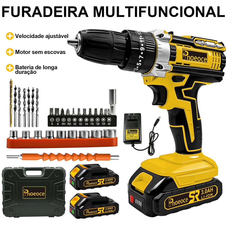 PNOEOCE Furadeira Parafusadeira 48V Sem Fio | 2 Baterias + Kit Completo | Multifuncional Alta Potência