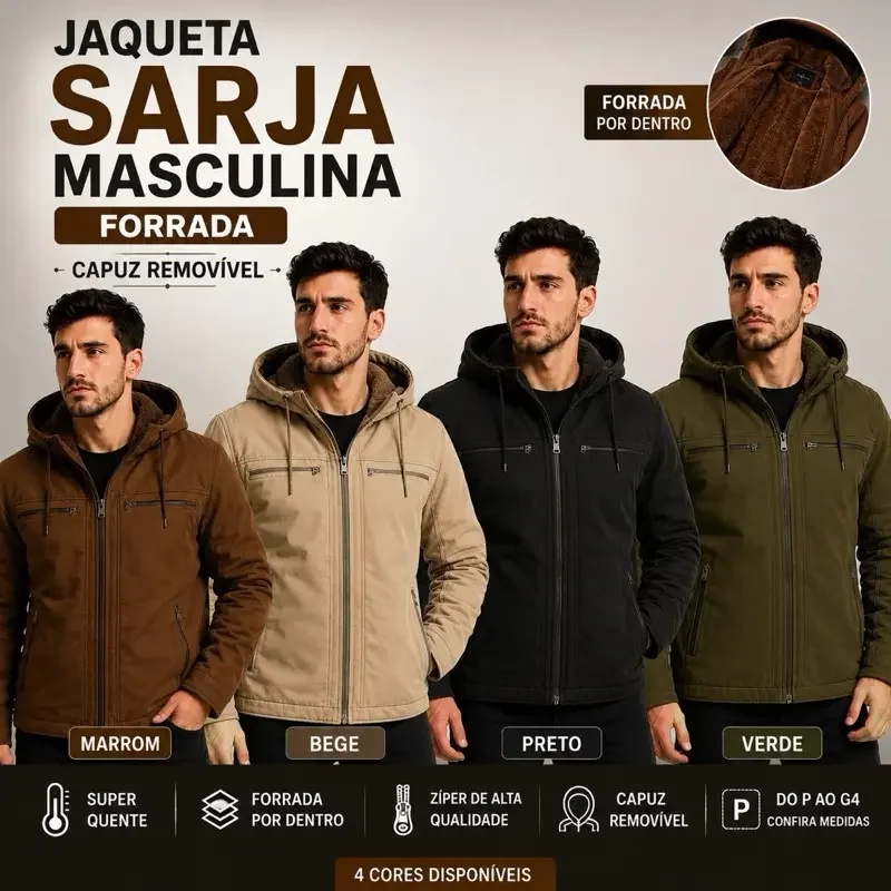 Pague 1 Leve 2 - Jaqueta Masculina Sarja Forrada com Capuz Plus Size